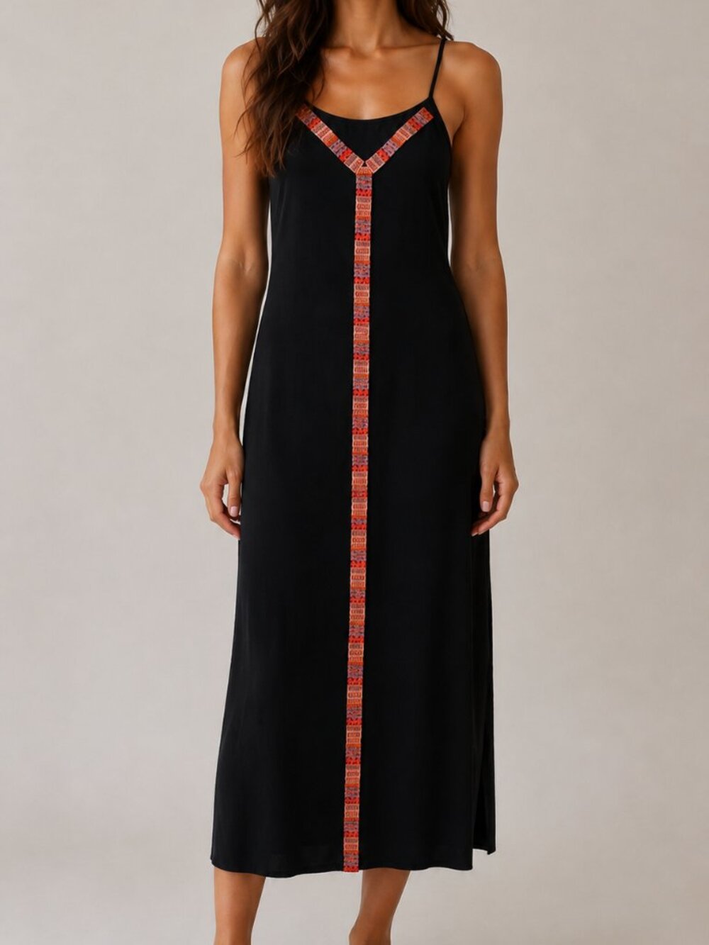 Savanna Jane Black Embroidered Maxi Dress Size Large Boho Sleeveless Rayon Lined